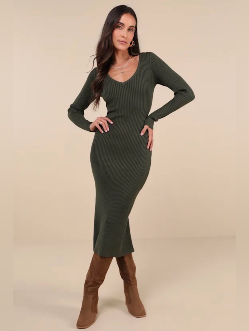 Lulus Olive Ribbed V Neck Long Sleeve Midi Dress Size S NWT